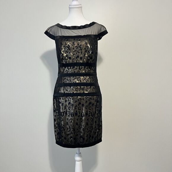 Tadashi Shoji Black Gold Sequin Mesh Illusion Cocktail Sheath Dress Size 8 - Picture 2 of 11